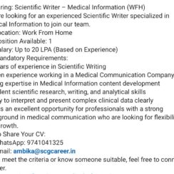 Hiring Scientific Writer – Medical Information (Work From Home) | Up to 20 LPA