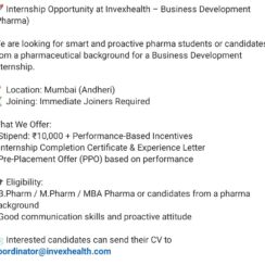 Pharma Business Development Internship | Invexhealth | Mumbai (Andheri) | Stipend + PPO