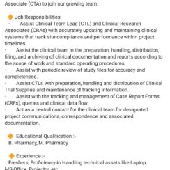 Hiring Clinical Trial Associate (CTA) | Freshers – B.Pharm / M.Pharm | Biosphere Clinical Research
