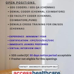 Access Healthcare Hiring Medical Coders | SDS, Denials & ED Facility | CPC Certified | Chennai, Coimbatore, Pune