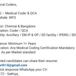 Medical Coding Jobs in Chennai & Bangalore | Certified Coder & QCA Hiring (Ancillary, EM, ED, IPDRG)