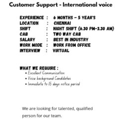 International Voice Process Customer Support Hiring in Chennai | Night Shift with Cab | Work from Office