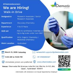 Chemveda Life Sciences Walk-in Drive 2026: Research Associate / Sr Research Associate – Discovery Chemistry (Hyderabad)