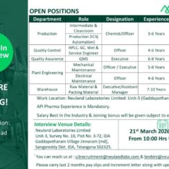 Neuland Laboratories Walk-in Interview 2026 | Hyderabad | API Pharma Jobs for Production, QC, QA & Engineering