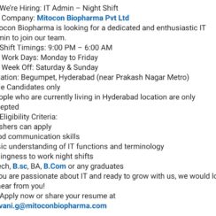 IT Admin Job in Hyderabad | Night Shift | Mitocon Biopharma | Freshers Welcome