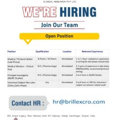 Clinical Research Jobs Ahmedabad | Brilex CRO Hiring Medical Protocol Writer, Principal Investigator & Medical Monitor