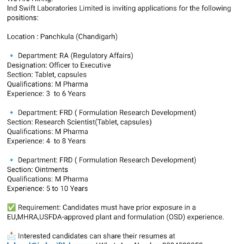 Regulatory Affairs Jobs 2026: Ind Swift Labs Walk-in for Officer to Executive (Tablet/Capsules) | Chandigarh