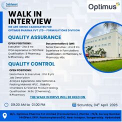 Walk-In Drive at Optimus Pharma – Executive & Senior Executive Roles (QA/QC) | 04th April 2026
