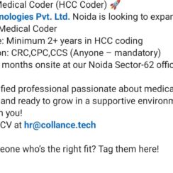 HCC Medical Coder Job – Collance Technologies Noida | CRC, CPC, CCS Certified