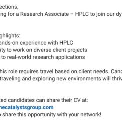 Research Associate – HPLC Job Opening: Join Our R&D Team + Travel Opportunities | The Catalysts Group