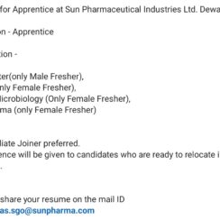 Sun Pharma Apprentice Hiring 2026 | ITI Fitter, BSc, MSc Microbiology, B.Pharma Freshers in Dewas
