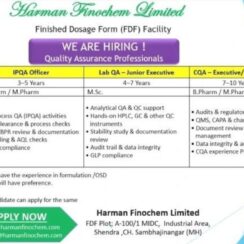 Harman Finochem Limited Hiring QA Professionals – IPQA Officer, Lab QA, CQA | Apply Now