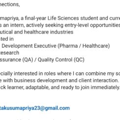 Entry-Level Life Sciences Graduate Seeking Pharma & Healthcare Roles | Business Development, Clinical Research, QA/QC