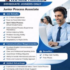 Junior Process Associate Hiring | Semi Voice | International Process | 0-2 Years Exp