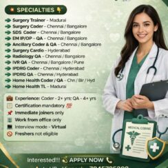 Medical Coding Jobs 2026 – Surgery, SDS, IPDRG, Radiology QA | Chennai, Bangalore, Hyderabad, Madurai, Pune Medical Coding Jobs 2026 – Surgery, SDS, IPDRG, Radiology QA | Chennai, Bangalore, Hyderabad, Madurai, Pune