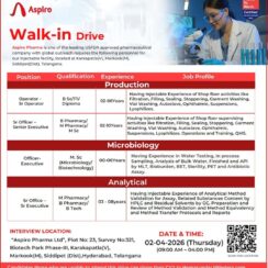 Aspiro Pharma Walk-in Drive 2026 – Production, Microbiology & Analytical Roles (Injectable Facility) Aspiro Pharma Walk-in Drive 2026 – Production, Microbiology & Analytical Roles (Injectable Facility)