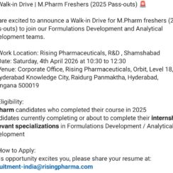 M.Pharm Freshers Walk-in Interview 04 April 2026 – Rising Pharmaceuticals R&D (Shamshabad) M.Pharm Freshers Walk-in Interview 04 April 2026 – Rising Pharmaceuticals R&D (Shamshabad)