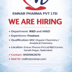 Hiring Freshers: R&D & AR&D at Emnar Pharma, Hyderabad | MSc Chemistry Hiring Freshers: R&D & AR&D at Emnar Pharma, Hyderabad | MSc Chemistry