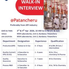 MSN Labs Walk-In Interview 2026 | API Production, QC, QA & R&D MSN Labs Walk-In Interview 2026 | API Production, QC, QA & R&D