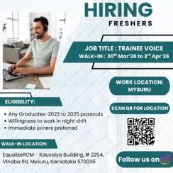 Trainee Voice Fresher Job – Mysuru | Walk-in 30 Mar–3 Apr 2026 | Equalize RCM Trainee Voice Fresher Job – Mysuru | Walk-in 30 Mar–3 Apr 2026 | Equalize RCM