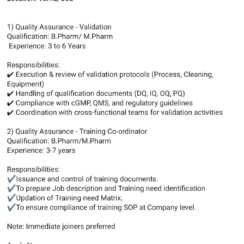 QA Validation & Training Coordinator Jobs – Goa | B.Pharm/M.Pharm | Marksans Pharma QA Validation & Training Coordinator Jobs – Goa | B.Pharm/M.Pharm | Marksans Pharma