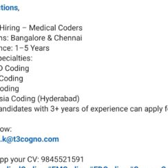 Hiring Medical Coders – Bangalore, Chennai, Hyderabad | E/M, ED, Surgery, IPDRG, Anesthesia Hiring Medical Coders – Bangalore, Chennai, Hyderabad | E/M, ED, Surgery, IPDRG, Anesthesia