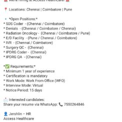 Medical Coding Jobs 2026 – Access Healthcare Hiring in Chennai, Coimbatore, Pune | Virtual Interview Medical Coding Jobs 2026 – Access Healthcare Hiring in Chennai, Coimbatore, Pune | Virtual Interview