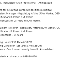 Assistant Manager – Regulatory Affairs (ROW Market, OSD)