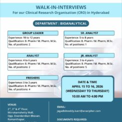 Walk-In Interview – Bioanalytical (Group Leader to Fresher) – Anacipher CRO (Hyderabad) – April 15-16, 2026 – B.Pharm / M.Pharm / M.Sc Walk-In Interview – Bioanalytical (Group Leader to Fresher) – Anacipher CRO (Hyderabad) – April 15-16, 2026 – B.Pharm / M.Pharm / M.Sc