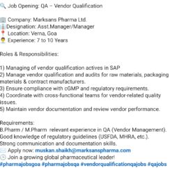 QA – Vendor Qualification (Asst. Manager / Manager) – Marksans Pharma, Goa