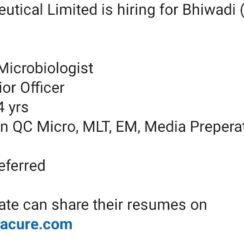 QC Microbiologist Jobs Bhiwadi | Senior Officer | 2-4 Yrs | Gracure Pharma | OSD