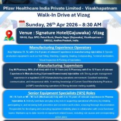 Pfizer Walk-In Drive Vizag 2026 | Manufacturing, QC, Equipment Jobs | 26th April | Visakhapatnam