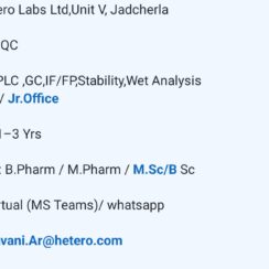 QC Officer Jobs Jadcherla | HPLC, GC, Stability | 1-3 Yrs | Hetero Labs Unit V