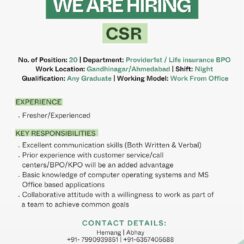 CSR Jobs Gandhinagar Ahmedabad | 20 Openings | Life Insurance BPO | Night Shift | Advantmed