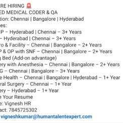 Certified Medical Coder & QA Jobs | Chennai, Bangalore, Hyderabad | E/M, SDS, ED, Surgery | 1-3+ Yrs