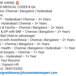 Certified Medical Coder & QA Jobs | Chennai, Bangalore, Hyderabad | E/M, SDS, ED, Surgery | 1-3+ Yrs