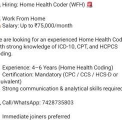 Home Health Coder Jobs WFH | Up to ₹75,000/month | 4-6 Yrs | CPC CCS HCS-D