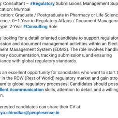 Hiring Consultant Regulatory Submissions Management Support Mumbai | 0-1 Year Fresher | EDMS | PeopleSense
