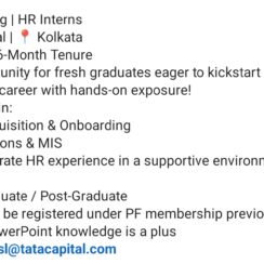 Tata Capital HR Interns Jobs 2026 | Kolkata | 6-Month Tenure | Fresh Graduate | Apply Now