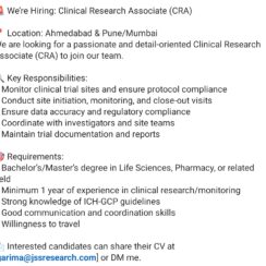 Clinical Research Associate CRA Jobs 2026 | Ahmedabad Pune Mumbai | Life Sciences Pharmacy | 1+ Year