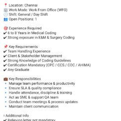 Team Leader Medical Coding Jobs 2026 | Chennai | E&M Surgery | 6-8 Years | CPC CCS COC