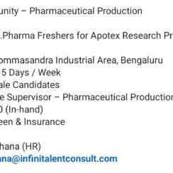 B.Pharma Freshers Job – Production Associate Supervisor at Apotex (Bengaluru) | ₹21,500 + Benefits