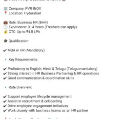 Business HR Job – Freshers Welcome (0–4 Years) | PVR INOX Hyderabad | CTC up to ₹4.5 LPA