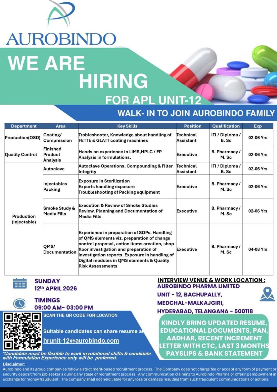 Walk-In Drive at Aurobindo Pharma Unit-12, Hyderabad | 12th April 2026 ...