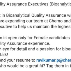 Bioanalytical QA Executive Job Opening (Female) | 5–6 Years Exp | Chemo