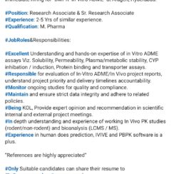DMPK In Vitro ADME Job | Research Associate | Aragen Hyderabad | M.Pharma Required