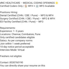 MNC Healthcare Medical Coding Jobs 2026 | Certified Coders (1–5 Years) – WFH/WFO in Chennai, Coimbatore, Pune
