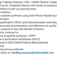 Peptide Chemist Job in Hyderabad | SPPS & HPLC Role at CRO/CDMO Pharma