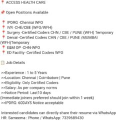Medical Coding Jobs 2026 – IPDRG, IVR, Surgery, Denial, E&M OP, ED Facility – Certified Coders (Chennai, Coimbatore, Pune, Mumbai) – WFO & WFH – Immediate Joiners
