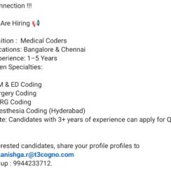 Medical Coding Jobs Bangalore & Chennai 2026 – E/M, ED, Surgery, IPDRG, Anesthesia – 1–5 Years Exp – QCA Roles (3+ Years) – Apply Now